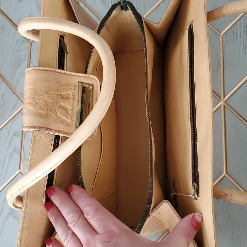 Vintage Beige Leather Mexican Satchel Bag